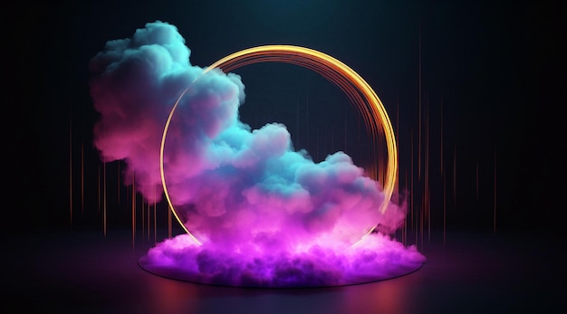 Fantasy neon circle on empty stage frame around the clouds Generative ai illustration