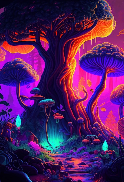 Fantasy of neon forest glowing colorful like fairytale Created with Generative AI technology