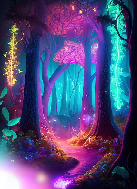 おとぎ話のようにカラフルに光るネオンの森のファンタジー 作成しました