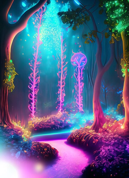 Fantasy of neon forest glowing colorful like fairytale Created