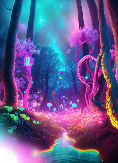 Fantasy of neon forest glowing colorful like fairytale Created