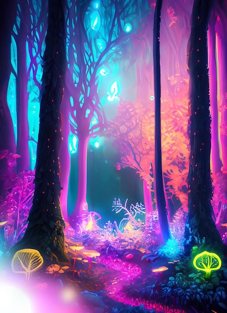 Photo fantasy of neon forest glowing colorful like fairytale created