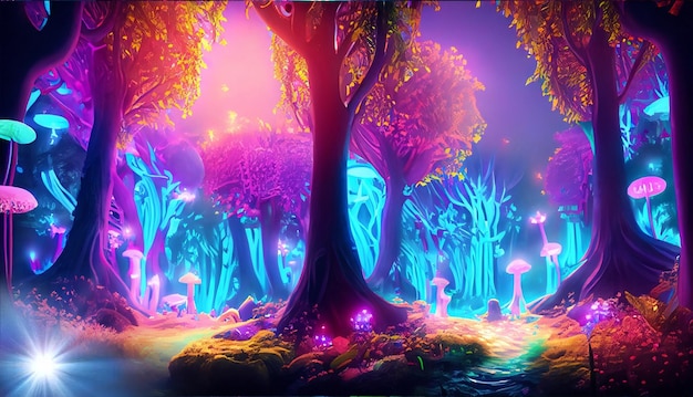 Photo fantasy of neon forest glowing colorful like fairytale created