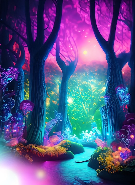 Fantasy of neon forest glowing colorful like fairytale Created