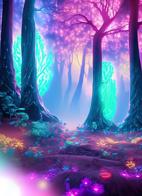 おとぎ話のようにカラフルに光るネオンの森のファンタジー 作成しました