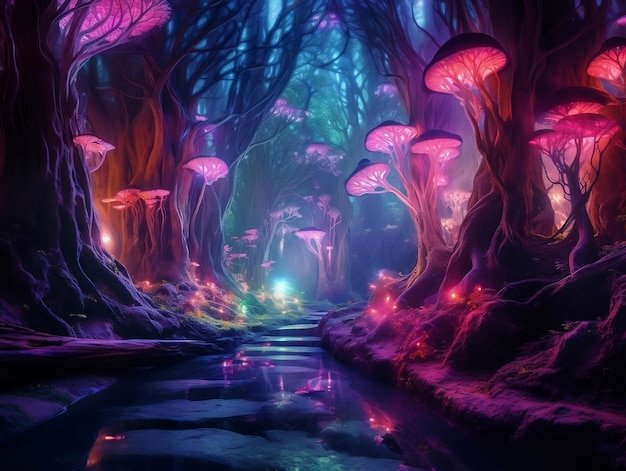 The fantasy of a neon forest glowing colorful like a fairytale