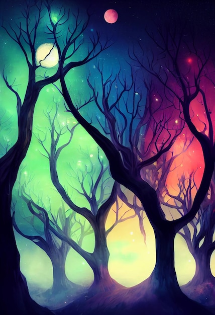 Фантазия неонового леса Светящийся красочный вид, похожий на сказку 2D Иллюстрация