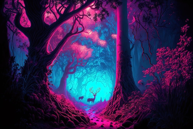 Fantasy neon forest a jungle at dusk magical surreal and lovely neon scenery