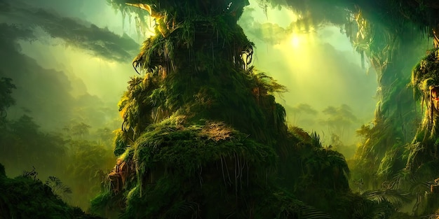 Фэнтезийные неоновые лесные джунгли на закате Мистический нереальный лес Красивый неоновый пейзаж 3D иллюстрация