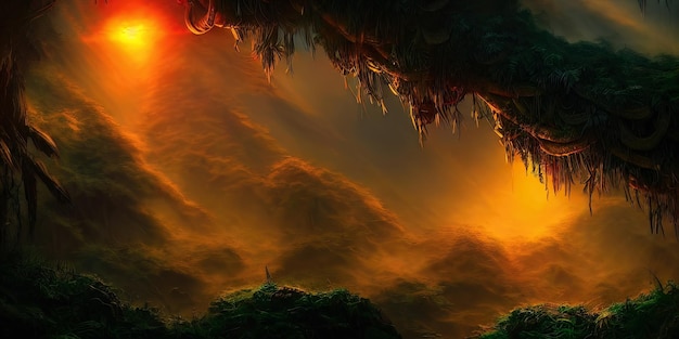 Fantasy neon foresta giungla al tramonto mistica foresta irreale bellissimo paesaggio al neon illustrazione 3d