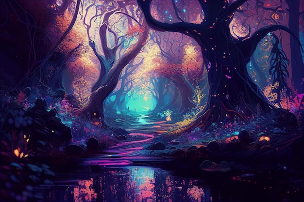 Фантазия о неоновом светящемся лесу, сияющем красками, как в сказке. Создано с помощью технологии генеративного искусственного интеллекта.