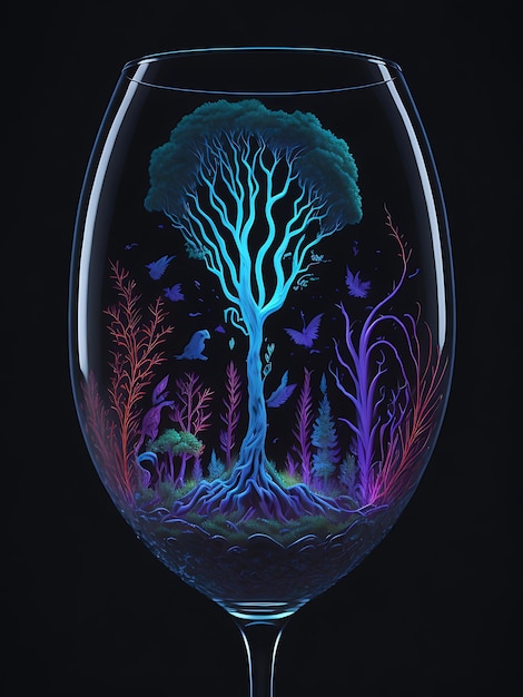 Fantasy neon realistic glow forest in a wine glass generative AI