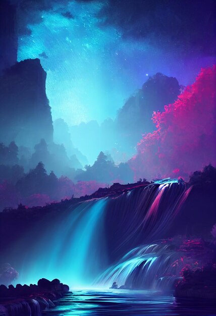Fantasy of neon waterfall in deep forest glowing colorful look\
like fairytale 2d illustration