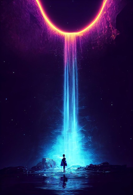 Фантазия неонового водопада в глубоком лесу Светящийся красочный вид, похожий на сказку 2D Иллюстрация