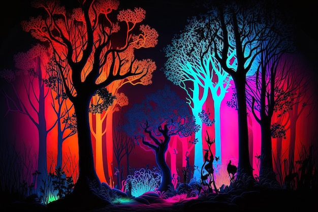 Fantasy neon woodland with dazzling colors that like a story