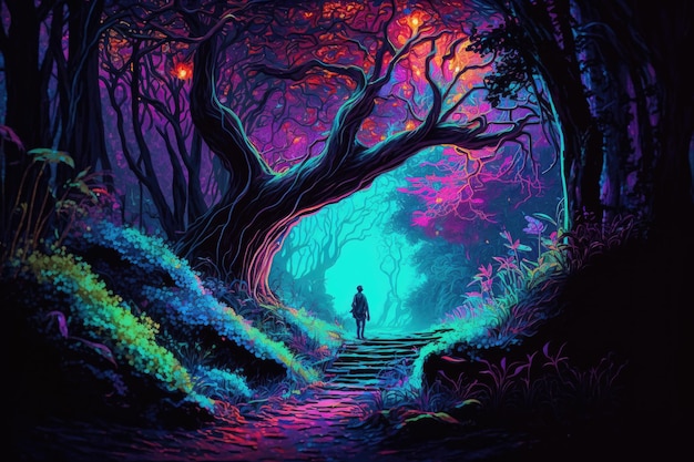 Fantasy neon woodland with dazzling colors that like a story