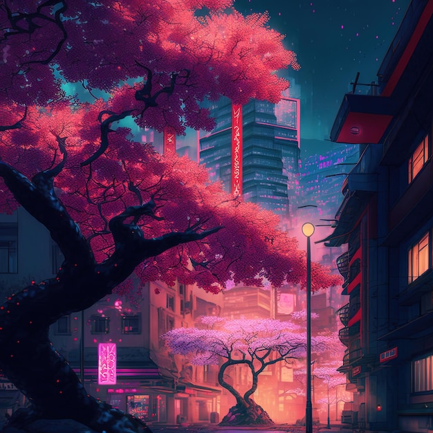 Fantasy night city japanese landscape, neon light, residential buildings, big sakura tree