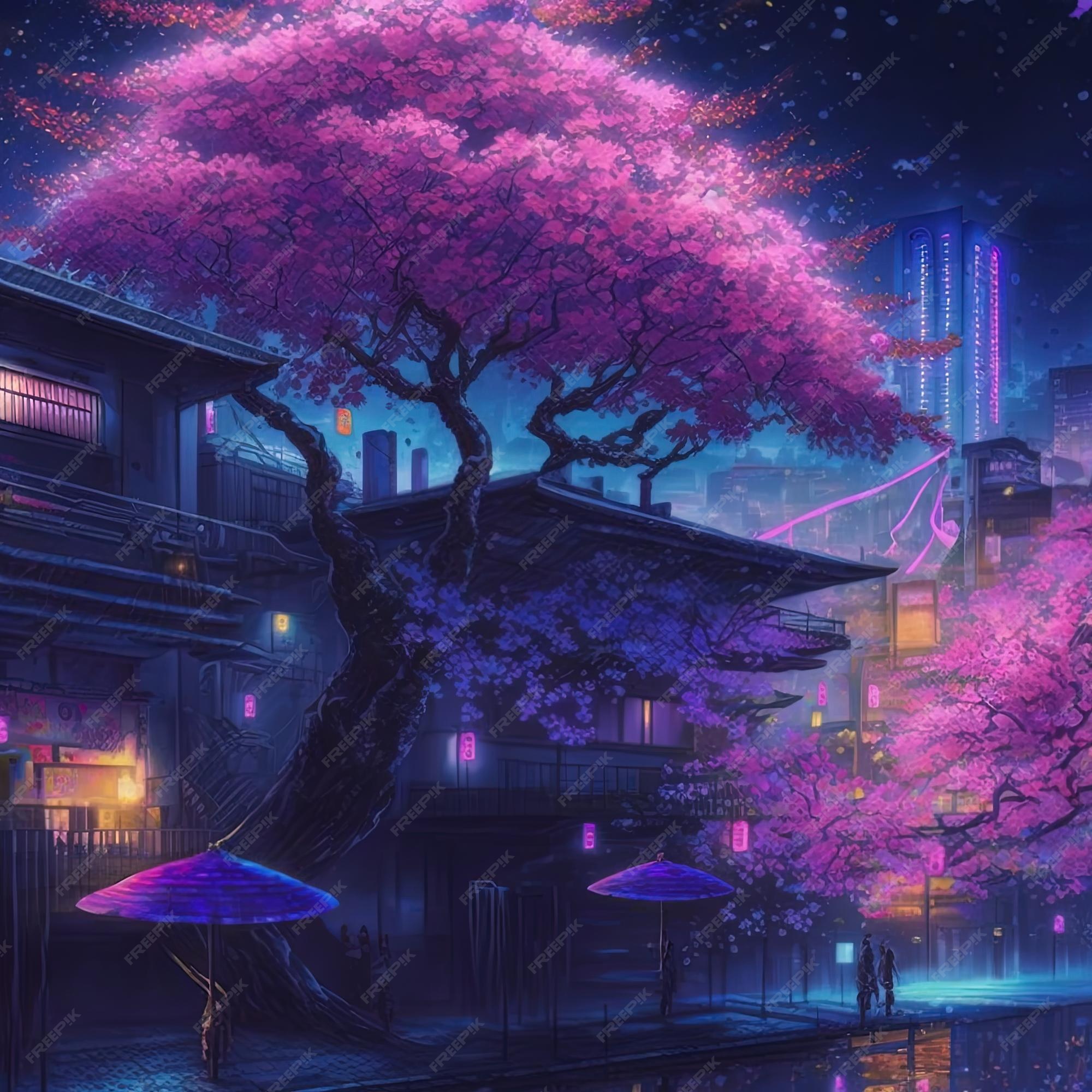 Premium Photo | Fantasy night city japanese landscape, neon light, residential buildings, big sakura tree. Premium Photo | Fantasy night city japanese landscape, neon light, residential buildings, big sakura tree.