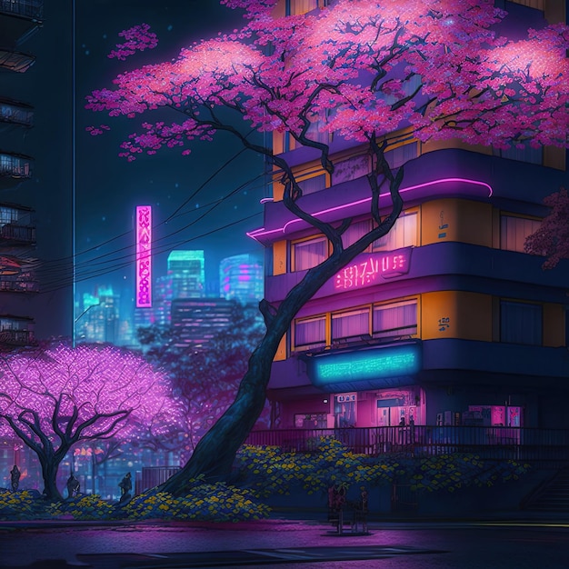 판타지 밤 도시 일본 풍경, 네온 불빛, 주거용 건물, 큰 사쿠라 나무.
