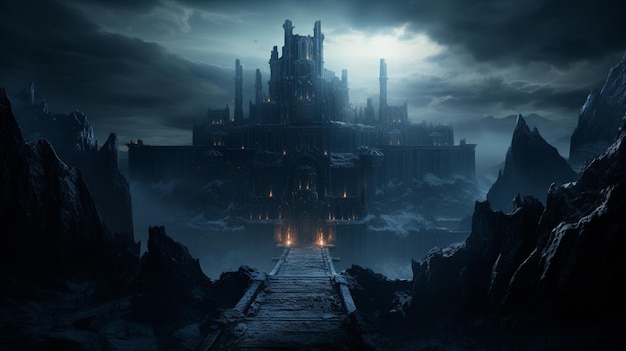 Photo fantasy night dark landscape night gloomy castle ancient dark city 3d illustration generative ai