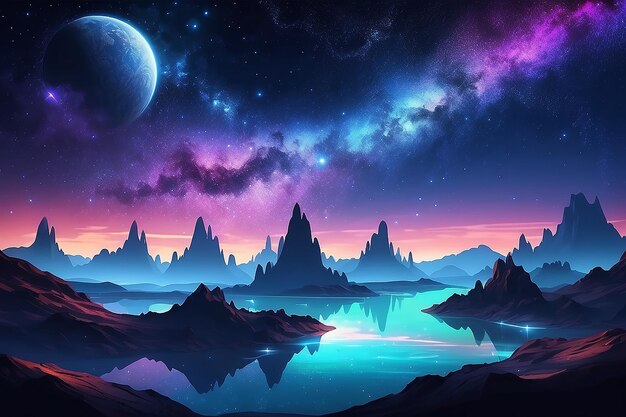抽象的な島々と空想的な夜の風景と 宇宙の銀河の夜空