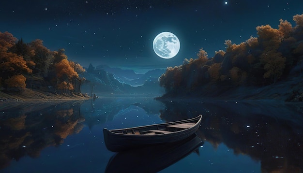 Fantasy night landscape with boat on the lake and full moon in the sky