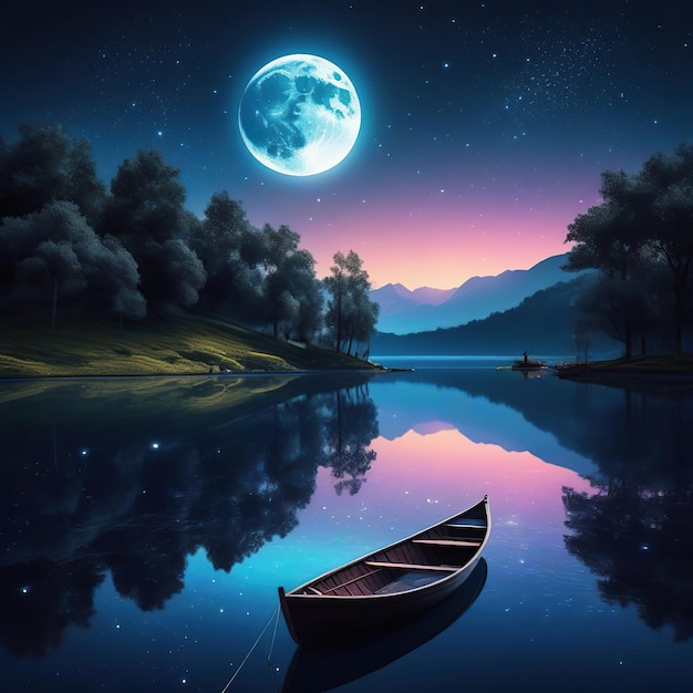 Fantasy night landscape with boat on the lake and full moon in the sky