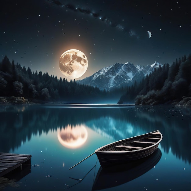 Fantasy night landscape with boat on the lake and full moon in the sky