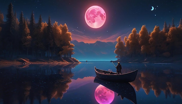 Fantasy night landscape with boat on the lake and full moon in the sky