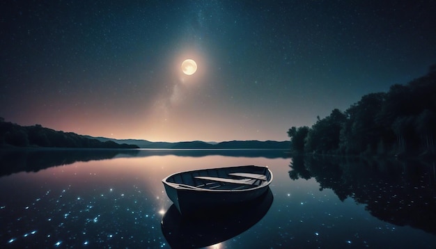 Фото Фантастический ночной пейзаж с лодкой на озере и полной луной в небе