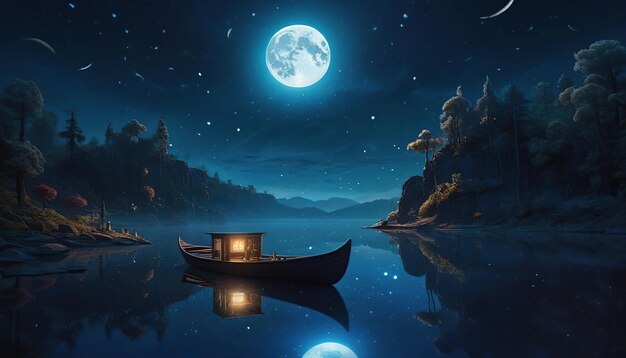 Фото Фантастический ночной пейзаж с лодкой на озере и полной луной в небе