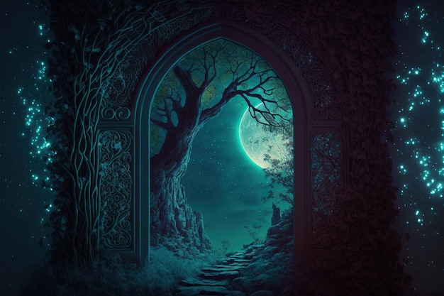 Фантастический ночной пейзаж с заколдованным эльфийским дверным проемом в другое измерение