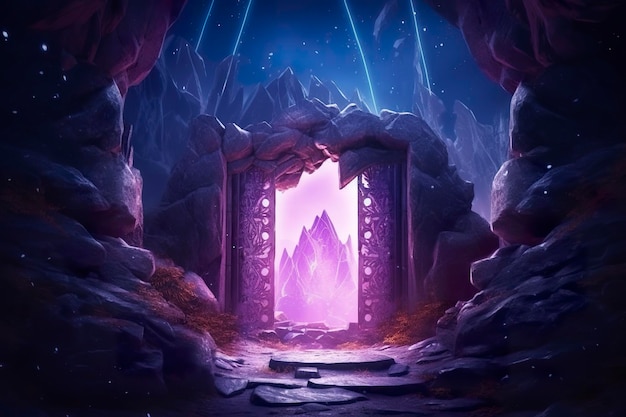 Fantasy night landscape with magical power ancient stones with magical power and light runes Passage to another world magic door light neon AI Generative