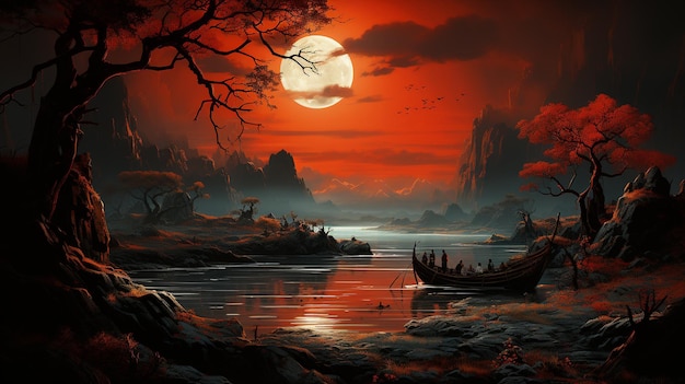 a fantasy night scene illustration with a scary moon in the dark