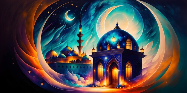 fantasy night scene of a palace under the moonlight and swirling moons