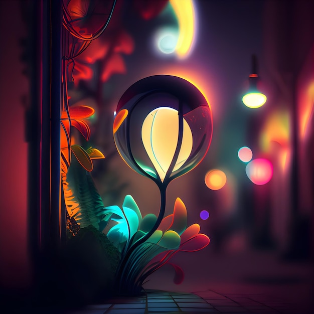 Fantasy night scene with lantern in the shape of a flower