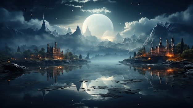Fantasy night scene with sea landscape The island in the form of mountains