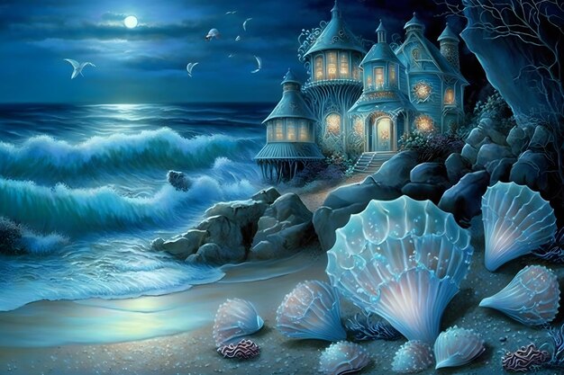 Photo fantasy night seascape with magic seashells neural network ai generated