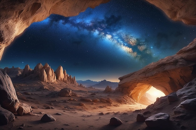 Fantasy night sky landscape from cave view on evening space with milky way stars and planets