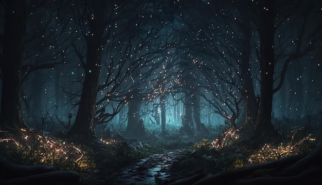 Fantasy nighttime forest landscape with shimmering lights Generative AI