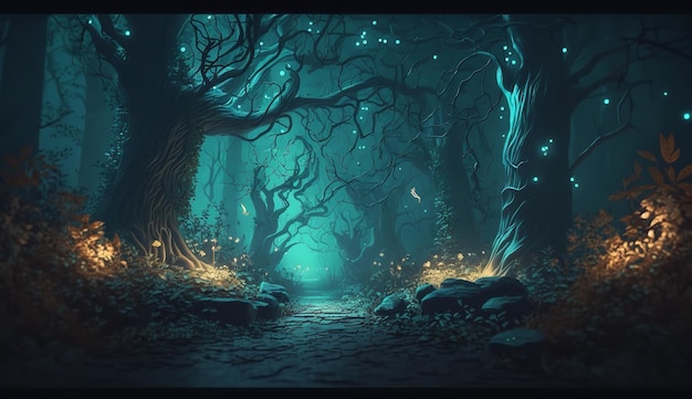 Fantasy nighttime forest landscape with shimmering lights Generative AI