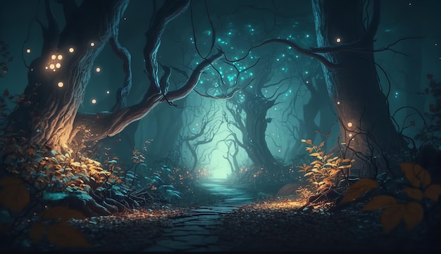 Fantasy nighttime forest landscape with shimmering lights Generative AI