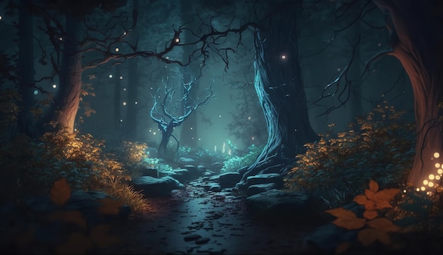 Fantasy nighttime forest landscape with shimmering lights Generative AI