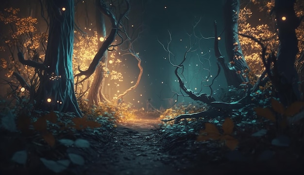 Fantasy nighttime forest landscape with shimmering lights Generative AI