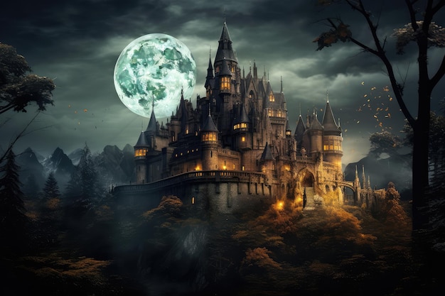 Fantasy old castle with full moon in the sky