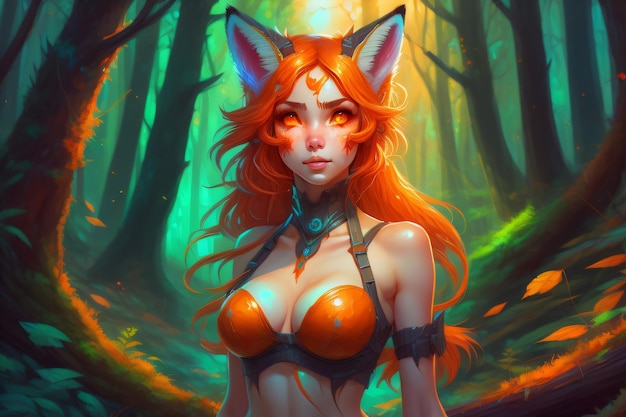 Fantasy orange fox girl in forest