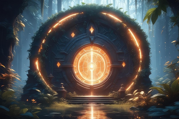 A fantasy orange glowing portal in the forest