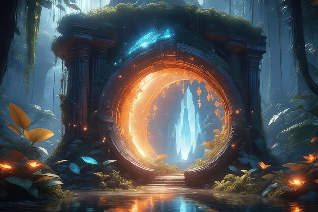 A fantasy orange glowing portal in the forest