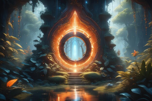 A fantasy orange glowing portal in the forest