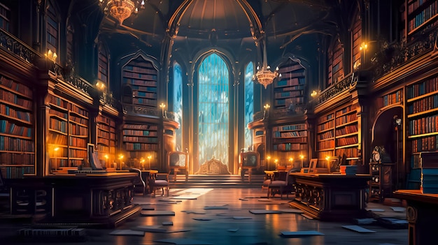 Fantasy oude bibliotheek achtergrond ai generatieve